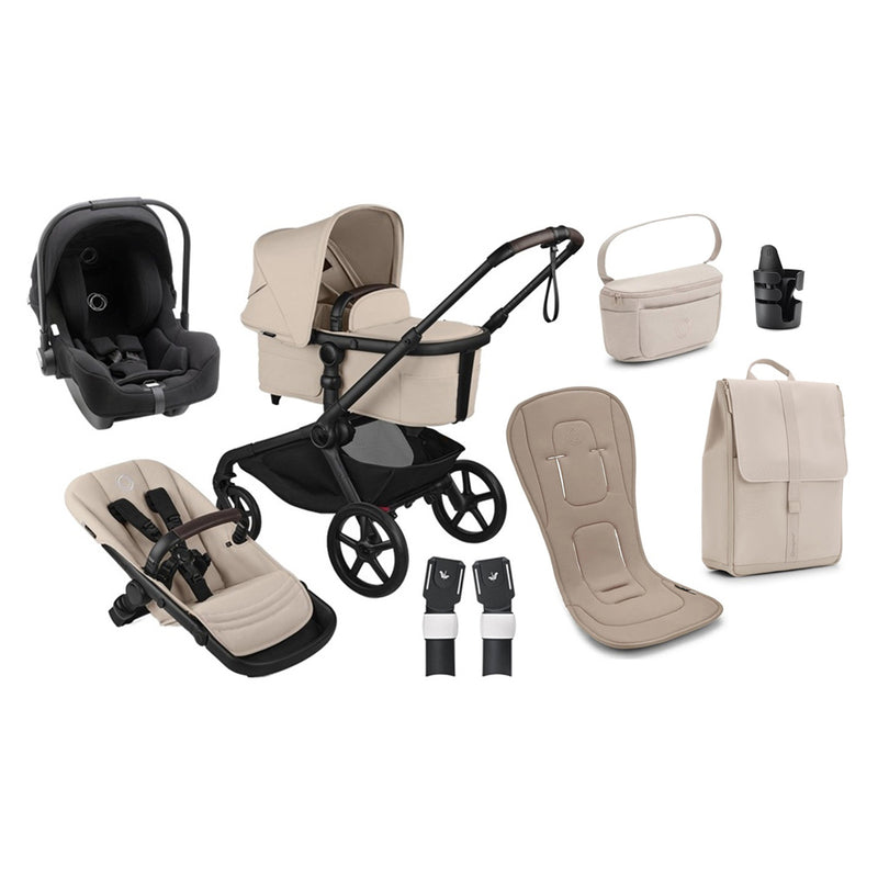 The Bugaboo Kangaroo Ultimate Bundle by Bugaboo, in beige and black, features a stroller frame, bassinet, car seat, seat unit, adapters, seat liner, diaper bag, cup holder, and matching backpack displayed on a white background.