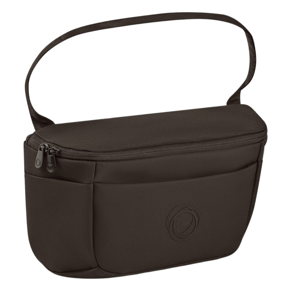 The Bugaboo Organizer by Bugaboo is a compact rectangular black stroller organizer with a short handle, a circular logo on the front pocket, multiple storage compartments, and a water-repellent finish.