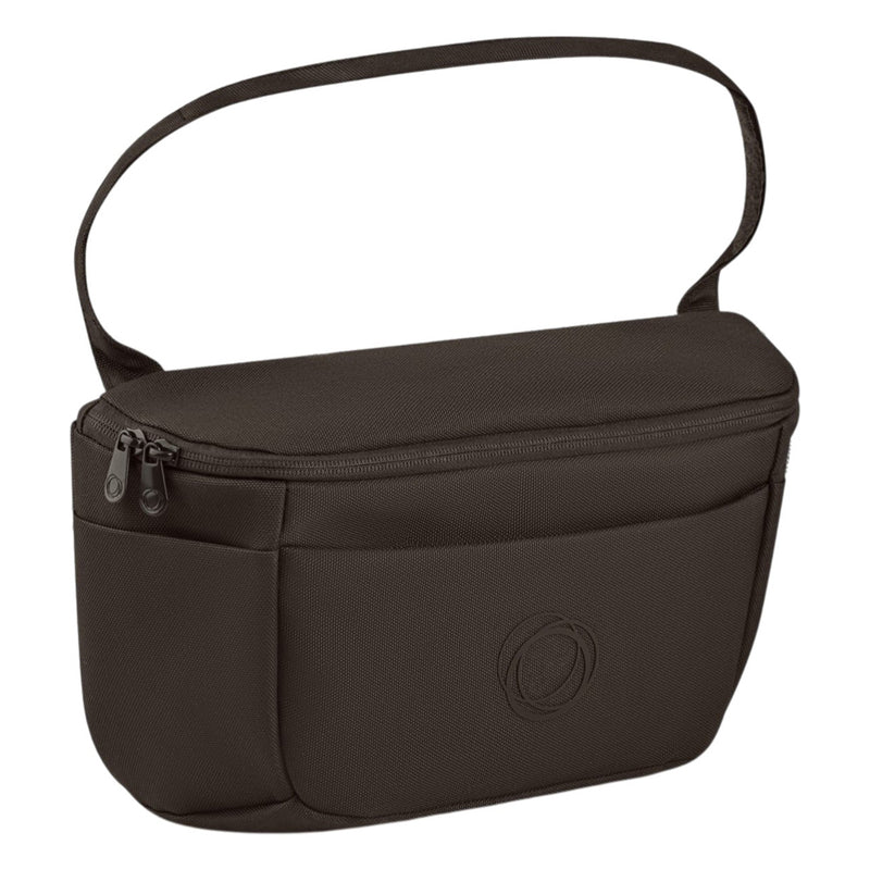 The Bugaboo Organizer by Bugaboo is a compact rectangular black stroller organizer with a short handle, a circular logo on the front pocket, multiple storage compartments, and a water-repellent finish.