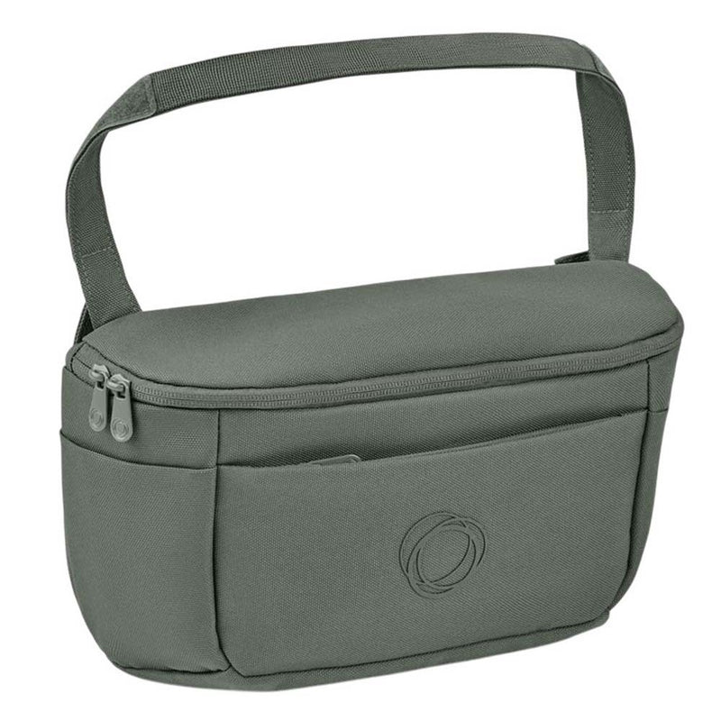 The Bugaboo Organiser by Bugaboo is a small gray rectangular shoulder bag with water-repellent fabric, zippered top, front pocket, adjustable strap, and a circular embroidered logo on the front.