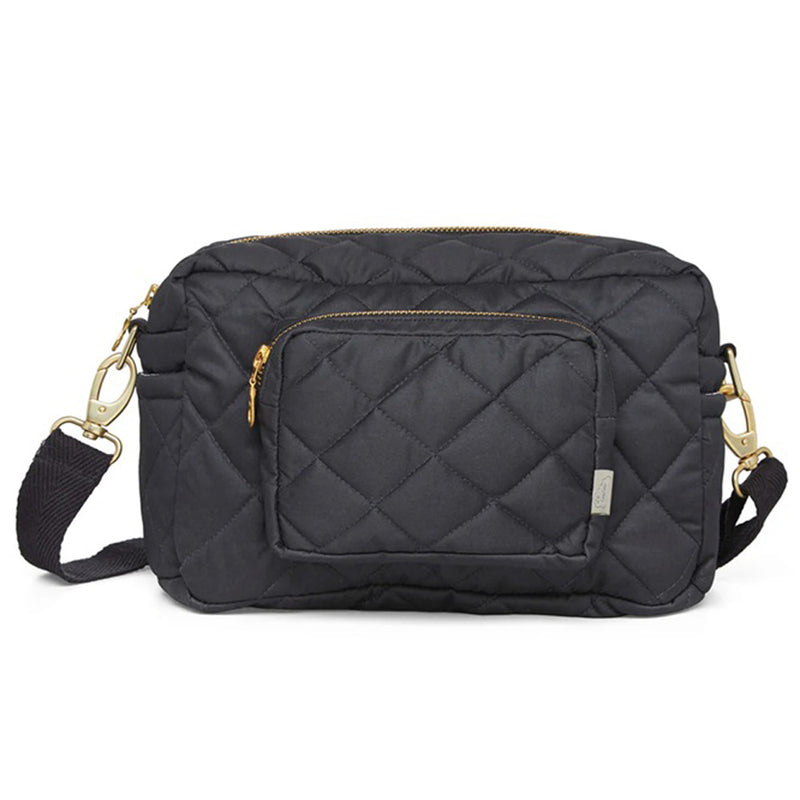 The Cam Cam Copenhagen Changing Bag Small is a black quilted cross-body bag with gold zippers, a front pocket, adjustable strap with gold hardware, and stroller attachment straps for convenience.