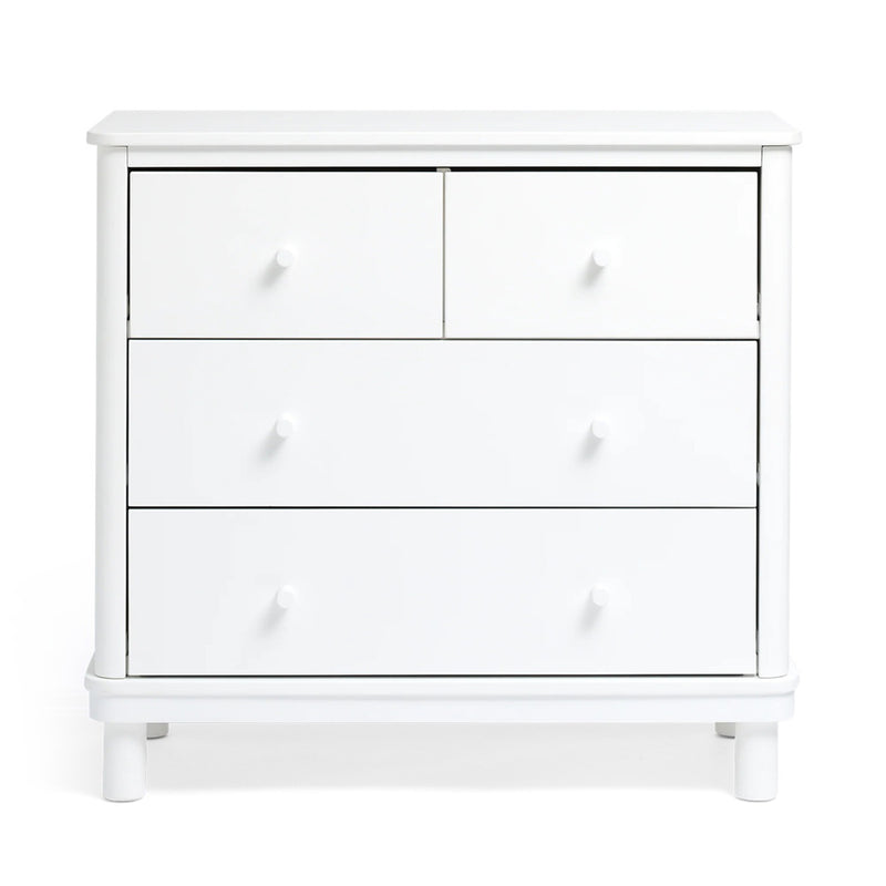 The Cariboo Florence Dresser by Cariboo is a white New Zealand Pine dresser with four drawers—two small on top, two large below—featuring round knobs and a minimalist design, ideal for nursery furniture.