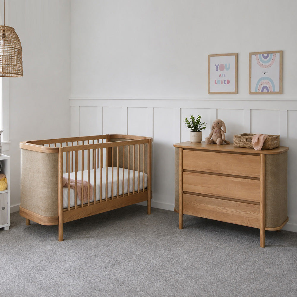Cariboo Indi Cot + Tru- Sleep Mattress + Indi Dresser Nursery Package