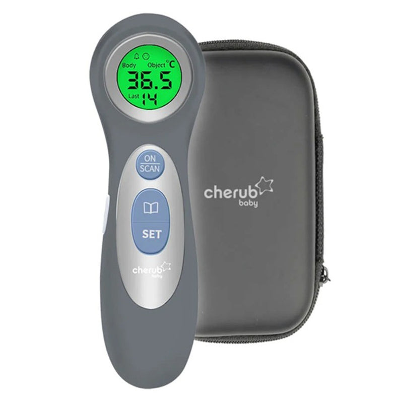 The Cherub Baby Touchless Forehead Thermometer, in grey with a green backlit display showing 36.5°C, sits before a matching zippered case labeled "Cherub Baby"—a quick and accurate fever thermometer.