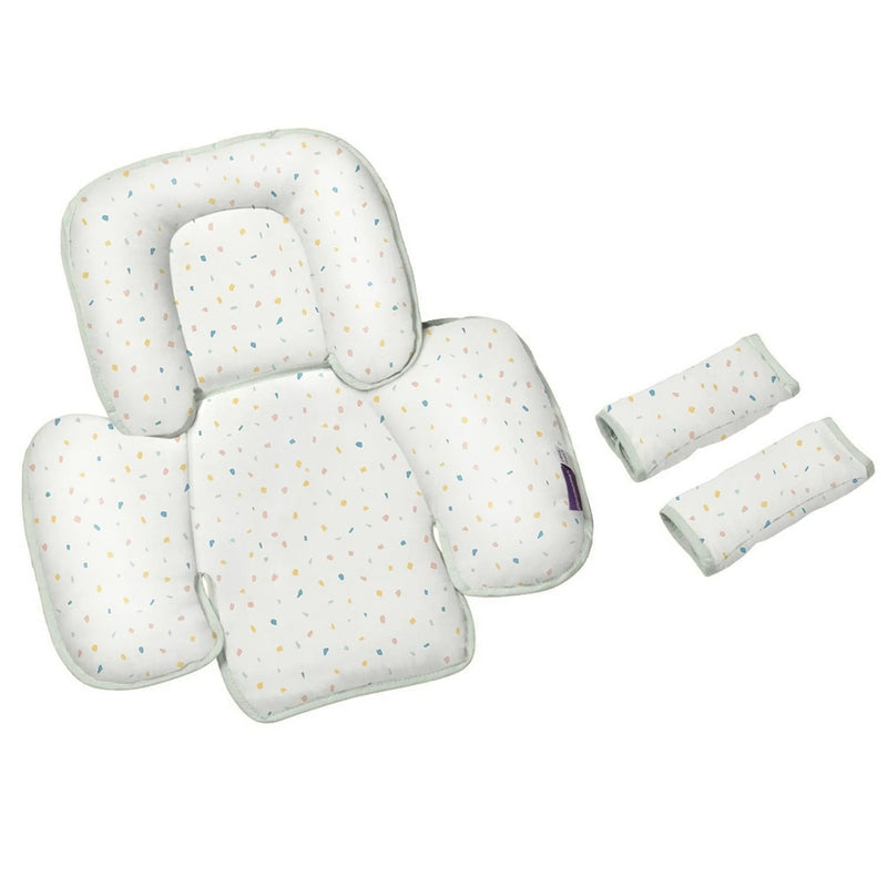 A set of Clevamama ClevaFoam Head & Body Support cushions in white with multicolored dots, featuring side supports and two small pads, is arranged on a plain white background.