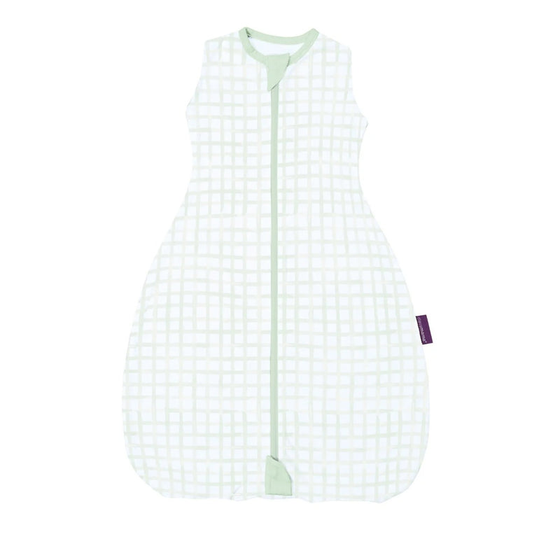 The Clevamama ClevaSleep DreamSuit 0.2 Tog Gingham is a sleeveless baby sleep sack with a light green and white check pattern, front zipper, and purple side tag—an ideal cozy alternative to a newborn swaddle.