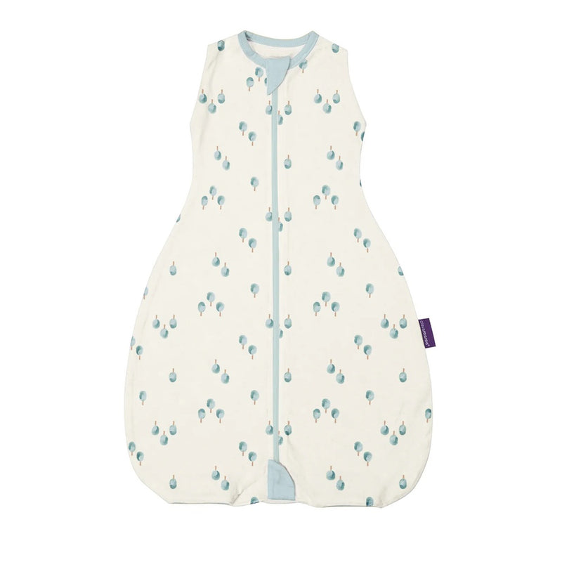 The Clevamama ClevaSleep DreamSuit 0.2 Tog Water Colour Forest is a sleeveless baby sleep sack with a blue zipper, a rounded bottom, small blue hot air balloon pattern, purple side tag, and is a 3-in-1 sleep solution.