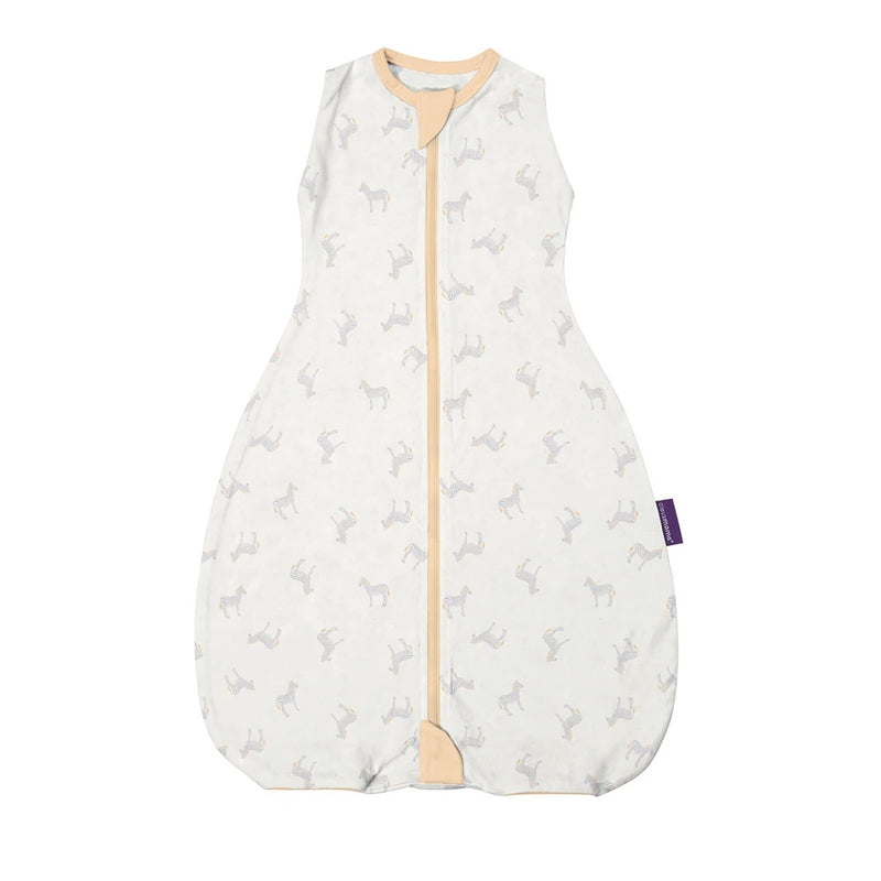 The Clevamama ClevaSleep DreamSuit 0.2 Tog Zebra is a sleeveless white sleepsuit with beige trim, front zipper, and subtle gray zebra pattern—complete with purple side tag. A cozy baby sleep solution by Clevamama.