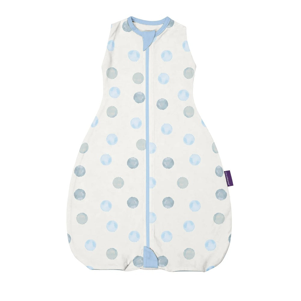 The Clevamama ClevaSleep DreamSuit 2.5 Tog Blue Spot is a sleeveless white baby sleep sack featuring blue and gray polka dots, soft Australian cotton, light blue zipper, and trim from the Clevamama brand.