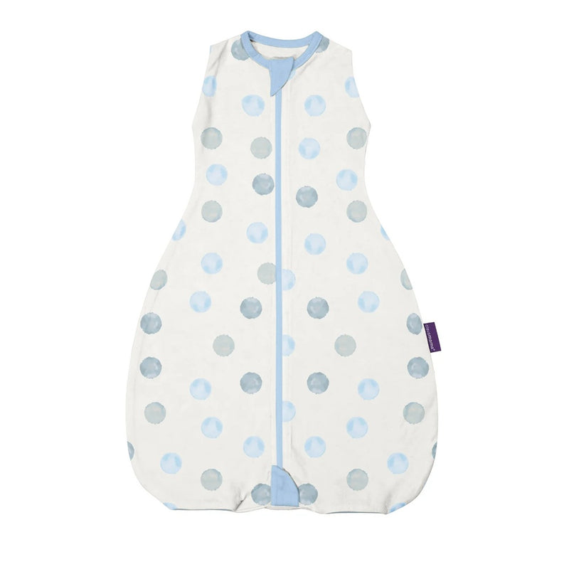 The Clevamama ClevaSleep DreamSuit 2.5 Tog Blue Spot is a sleeveless white baby sleep sack featuring blue and gray polka dots, soft Australian cotton, light blue zipper, and trim from the Clevamama brand.