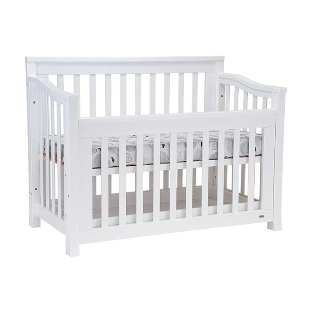 The Cocoon Flair (V.2.0) 4 in 1 Cot [BUNDLE] ONLY by Cocoon, a white wooden cot with slatted sides and a patterned mattress, is shown against a plain background.