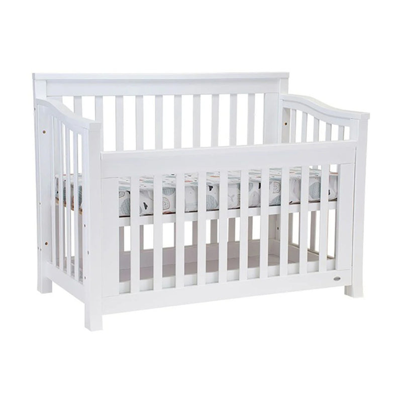 The Cocoon Flair (V.2.0) 4 in 1 Cot [BUNDLE] ONLY by Cocoon, a white wooden cot with slatted sides and a patterned mattress, is shown against a plain background.