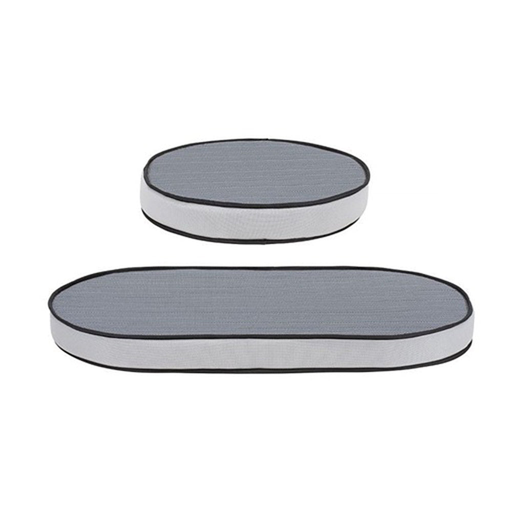 The Cocoon Nest & Sprout 4-in-1 Mattress Set by Cocoon features gray and white mesh cushions—one round, one oval, both with black trim—on a white background, perfect high-density support for pets.