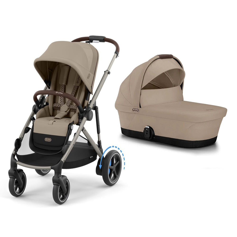 The Cybex eGazelle S stroller with canopy and brown handles is shown next to the matching Cybex Gazelle S Carrycot, both in beige, designed for infants and young children.