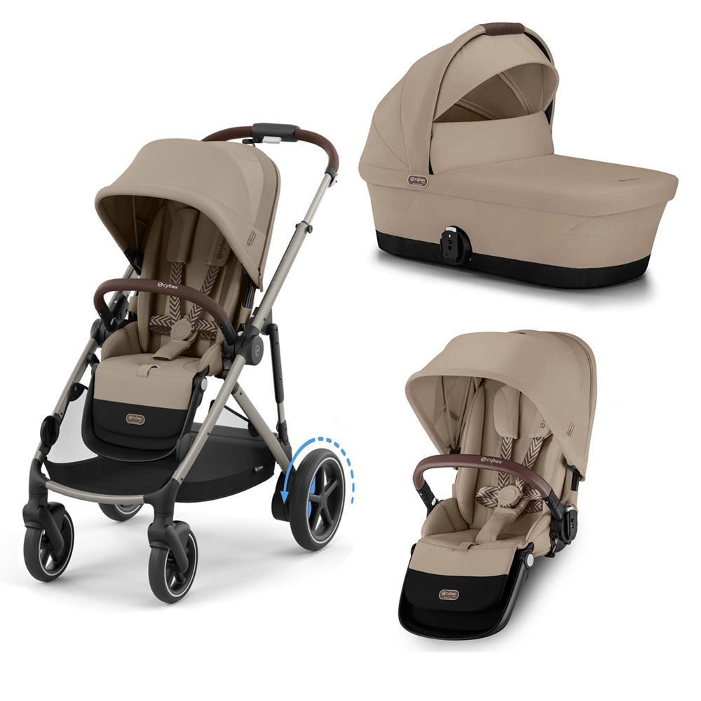The Cybex eGazelle S stroller frame, Gazelle S Carrycot, and Second Seat—all in matching beige with brown handles—are displayed on a white background. Each is compatible for versatile use with the Cybex Gazelle S system.
