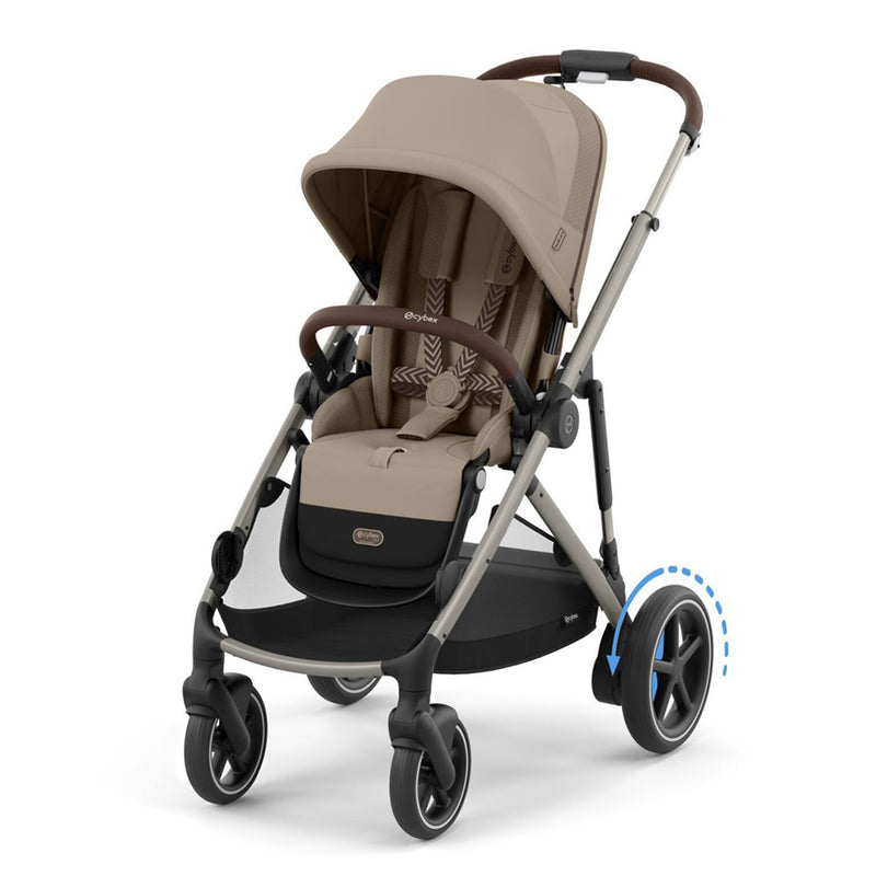 The Cybex eGazelle S by Cybex is a beige modular stroller with a canopy, black under-basket, brown and black handlebar, four wheels, and a blue arrow highlighting the rear right wheel.