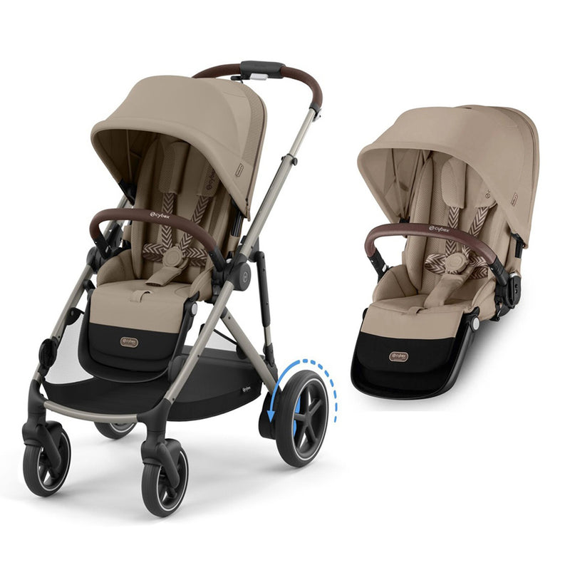 The Cybex eGazelle S Double Pram by Cybex in beige and brown features a modular design, adjustable handle, canopy, padded seat, storage basket, safety harnesses, and comes with a matching detachable seat for added versatility.