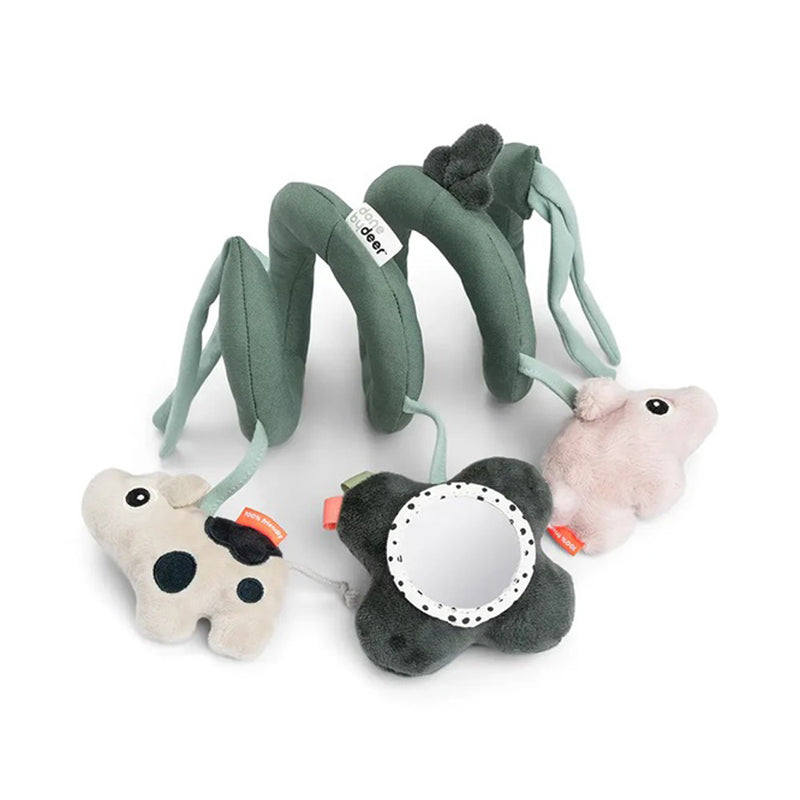 The Done By Deer Activity Spiral Tiny Farm Green is a soft sensory toy by Done By Deer, featuring plush farm animals and a flower mirror. It wraps around crib rails or stroller bars for playful baby entertainment.