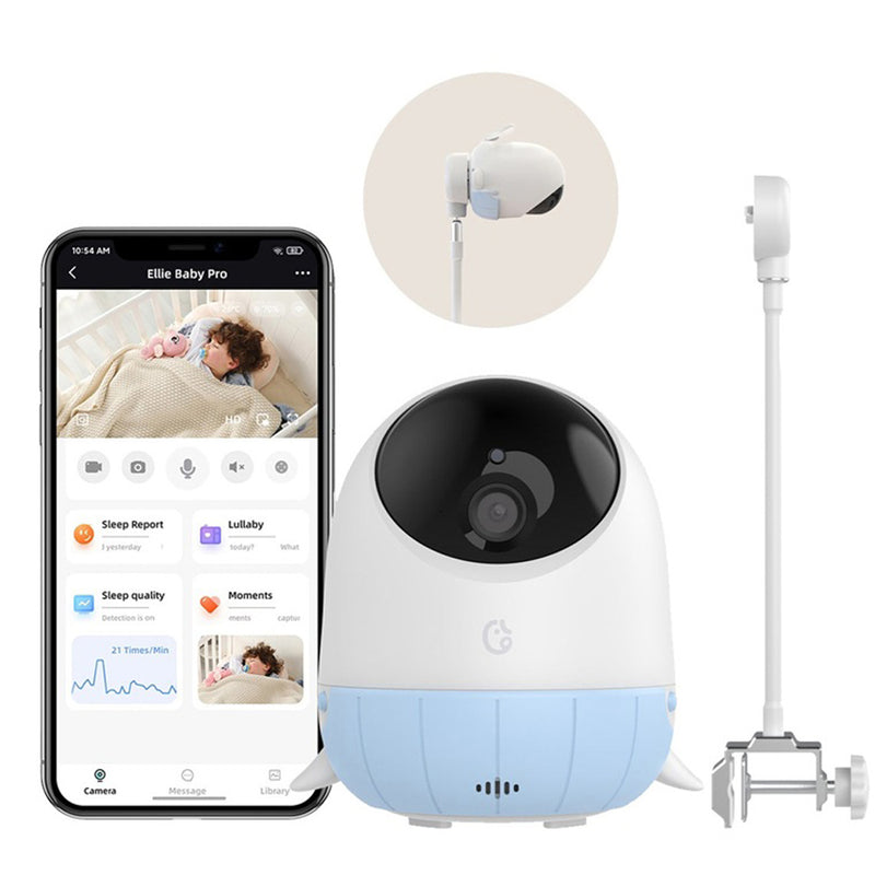 The Ellie Baby Pro Baby Camera by Ellie lets you monitor your sleeping baby with live video, sleep analysis, AI detection alerts, and simple camera controls—all from your smartphone. The camera features a blue base on a white stand.