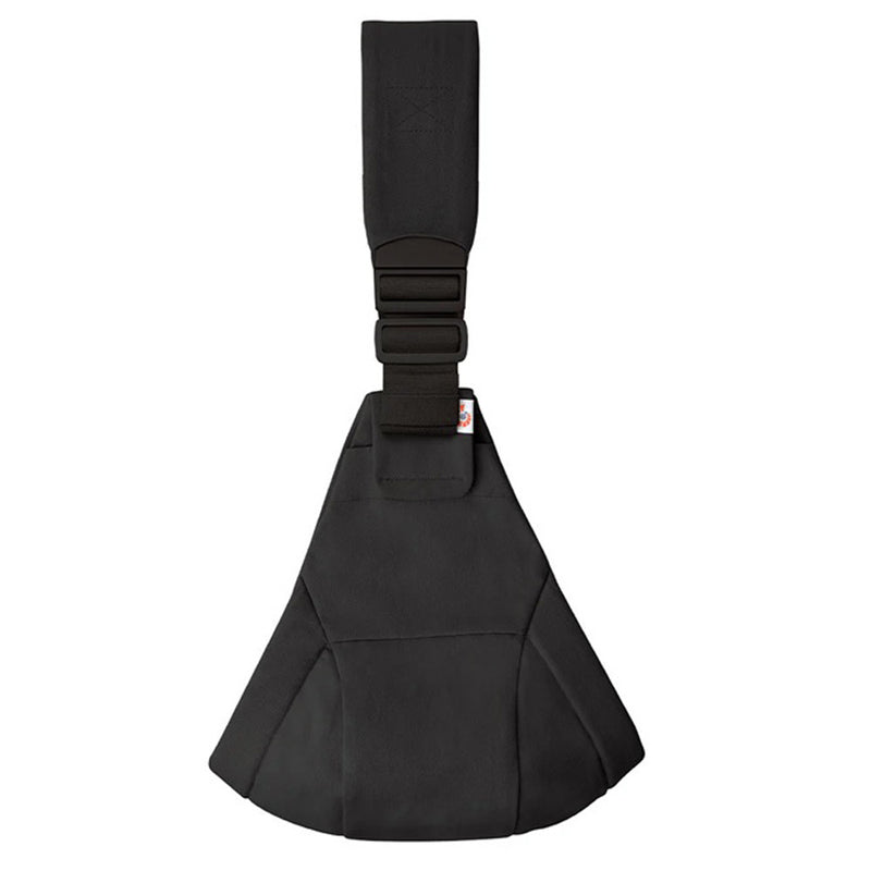 The Ergobaby Upsie Sling Carrier by Ergobaby features ergonomic support, a wide padded section for shoulder comfort, and adjustable segments. The black carrier is displayed flat against a white background.