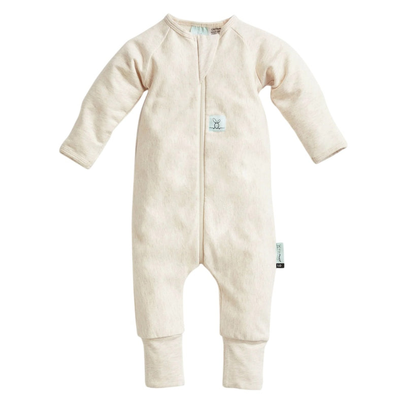 The ErgoPouch 0.2 Tog Long Sleeve Layers Oatmeal Marle by ErgoPouch is a cream-colored organic cotton onesie with front zipper and folded cuffs, perfect for cozy, stylish baby sleepwear.