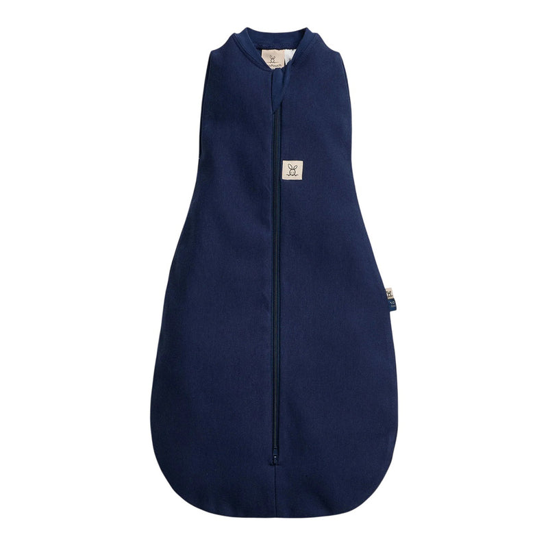 The ErgoPouch 1.0 Tog Cocoon Ink by ErgoPouch is a dark navy sleeveless sleep sack in soft organic cotton, with a front zipper from neck to bottom and a beige logo tag near the collar for cozy, all-night comfort.
