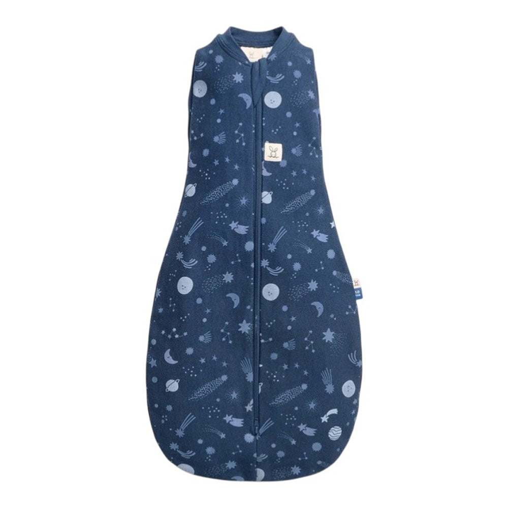 The ErgoPouch 1.0 Tog Cocoon by ErgoPouch is a dark blue, sleeveless organic cotton baby sleep sack with a front zipper and celestial star, moon, and planet pattern—ideal for cozy newborn sleep.