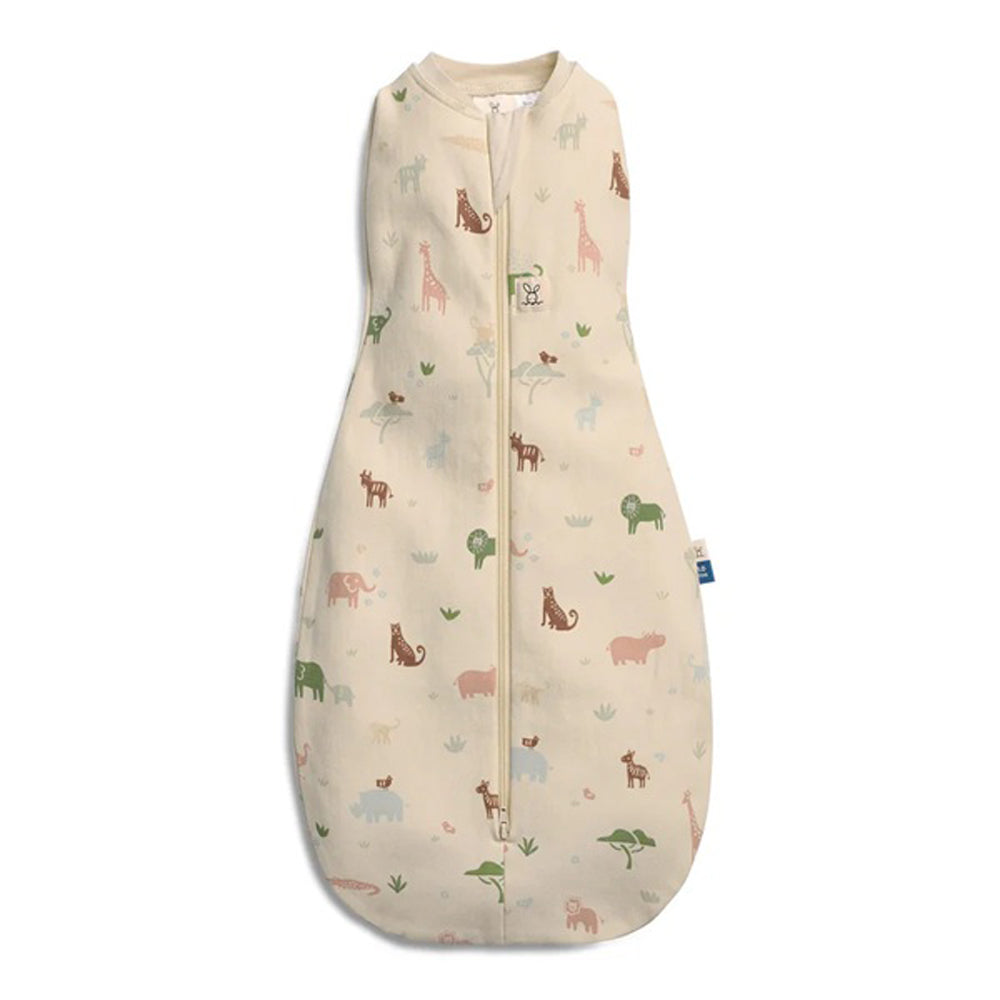 The ErgoPouch 1.0 Tog Cocoon Savannah by ErgoPouch is a beige organic cotton baby sleep sack with a front zipper, featuring colorful giraffes, elephants, lions, and trees to keep your little one cozy all night.