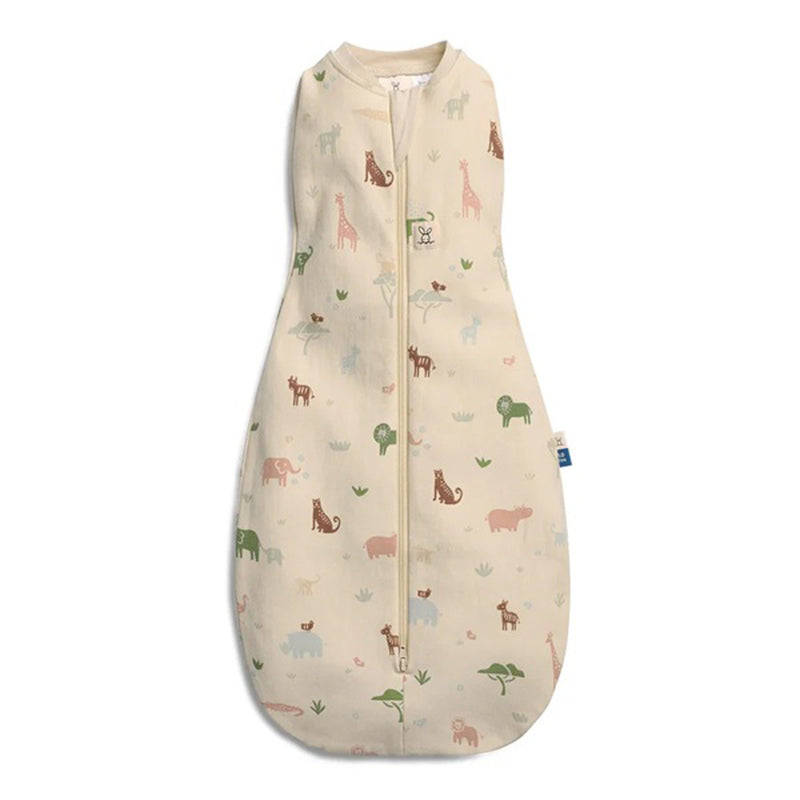 The ErgoPouch 1.0 Tog Cocoon Savannah by ErgoPouch is a beige organic cotton baby sleep sack with a front zipper, featuring colorful giraffes, elephants, lions, and trees to keep your little one cozy all night.