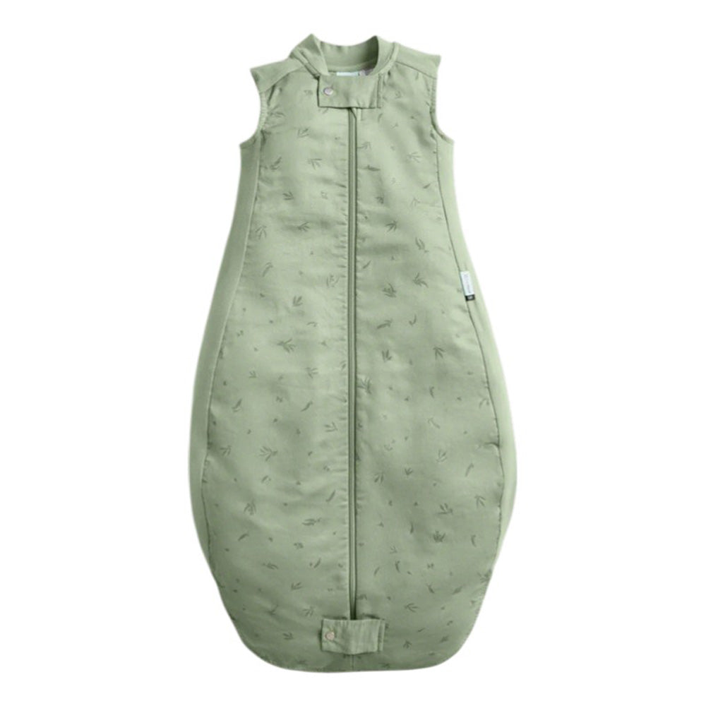 The ErgoPouch 1.0 Tog Premium Sleeping Bag Willow by ErgoPouch is a light green, sleeveless baby sleeping bag with subtle leaf patterns, front zipper, neck and bottom snap closures, made from soft organic cotton for comfort.