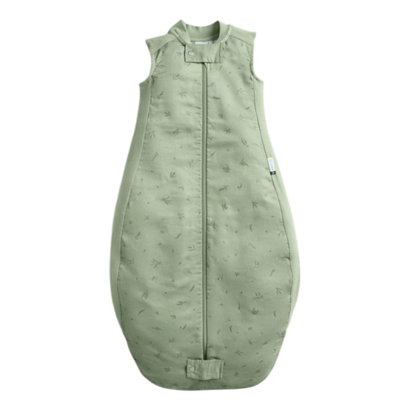 The ErgoPouch 1.0 Tog Premium Sleeping Bag Willow by ErgoPouch is a light green, sleeveless baby sleeping bag with subtle leaf patterns, front zipper, neck and bottom snap closures, made from soft organic cotton for comfort.