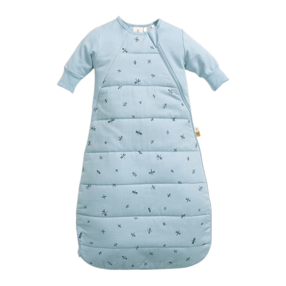 The ErgoPouch 2.5 Tog Side Zip Sheeting Bag Dragonflies, by ErgoPouch, is a light blue organic cotton baby sleeping bag with long sleeves, hip-friendly fit, subtle dragonfly print, and diagonal side zipper. Shown on a white background.