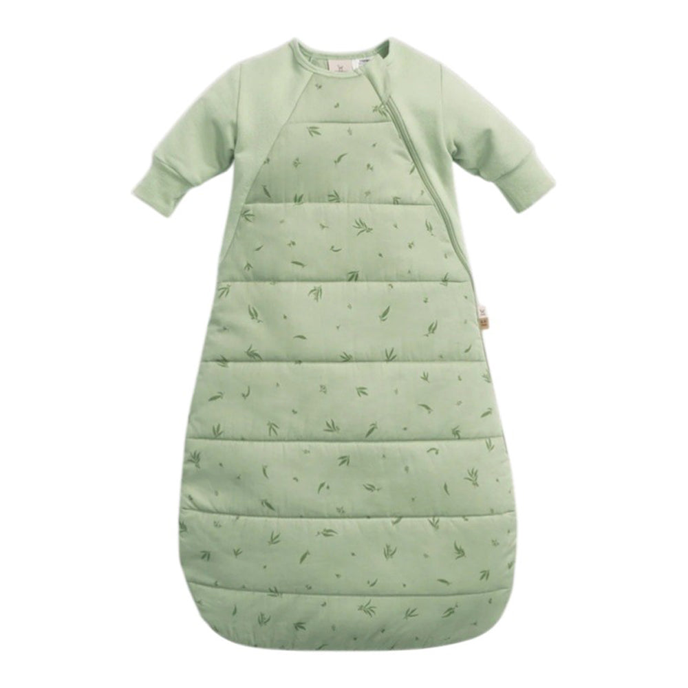 The ErgoPouch 2.5 Tog Side Zip Sheeting Bag Willow by ErgoPouch is a light green, long-sleeved organic cotton sleeping bag, featuring a quilted texture, subtle leaf pattern, and hip-friendly diagonal zipper for easy access on a white background.