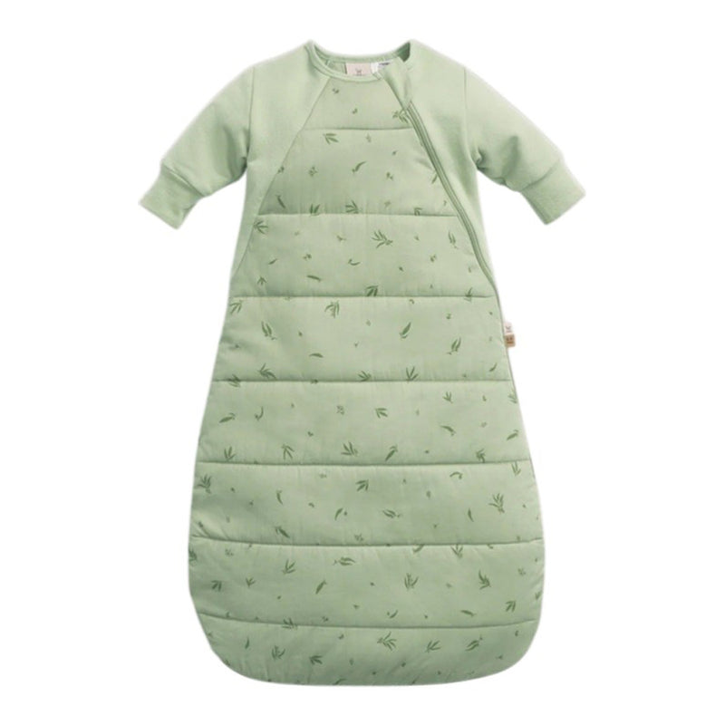 The ErgoPouch 2.5 Tog Side Zip Sheeting Bag Willow by ErgoPouch is a light green, long-sleeved organic cotton sleeping bag, featuring a quilted texture, subtle leaf pattern, and hip-friendly diagonal zipper for easy access on a white background.