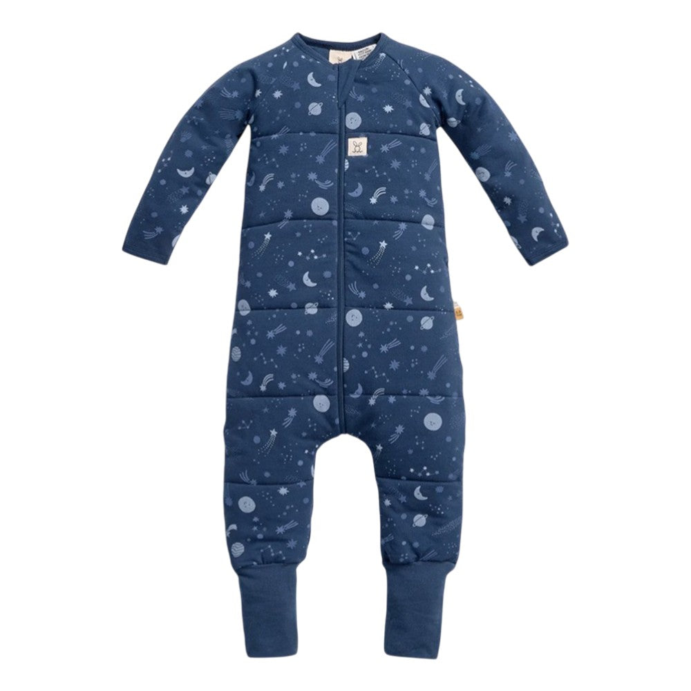 The ErgoPouch 2.5 Tog Sleep Onesie by ErgoPouch is a blue, long-sleeve organic cotton sleepwear with a front zipper and night sky pattern—moons, stars, and planets in lighter blue—offering a cozy sleeping bag alternative.