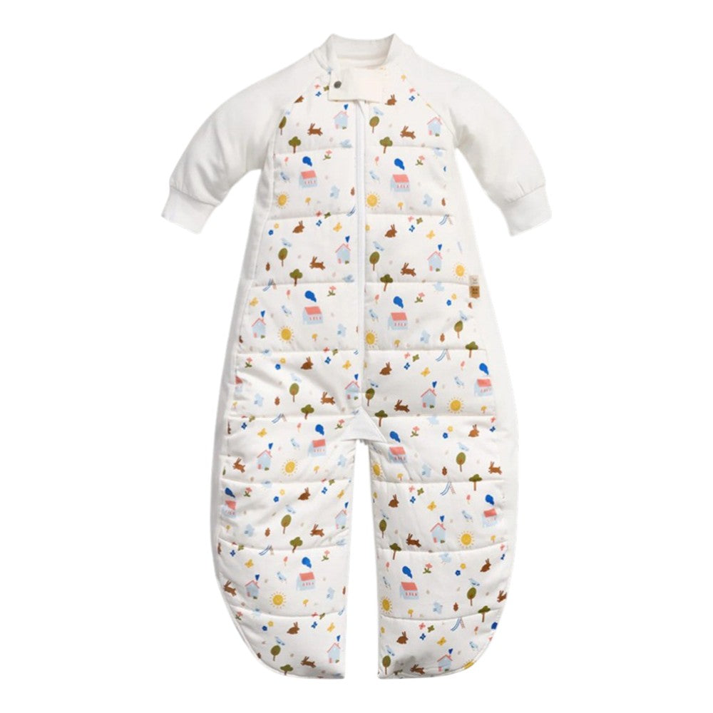 The ErgoPouch 2.5 Tog Sleep Suit Bag by ErgoPouch is a white organic cotton sleeping bag with long sleeves, quilted fabric, a front zipper, and playful prints—ideal as a cozy and fun sleep suit for toddlers.