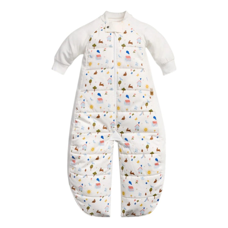 The ErgoPouch 2.5 Tog Sleep Suit Bag by ErgoPouch is a white organic cotton sleeping bag with long sleeves, quilted fabric, a front zipper, and playful prints—ideal as a cozy and fun sleep suit for toddlers.