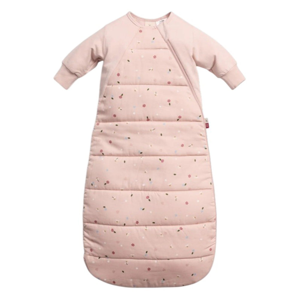 The ErgoPouch 3.5 Tog Side Zip Sheeting Bag Daisies by ErgoPouch is a light pink, long-sleeve, hip-friendly baby sleeping bag with a quilted lower section and subtle daisy print, designed to keep infants warm while allowing free arm movement.