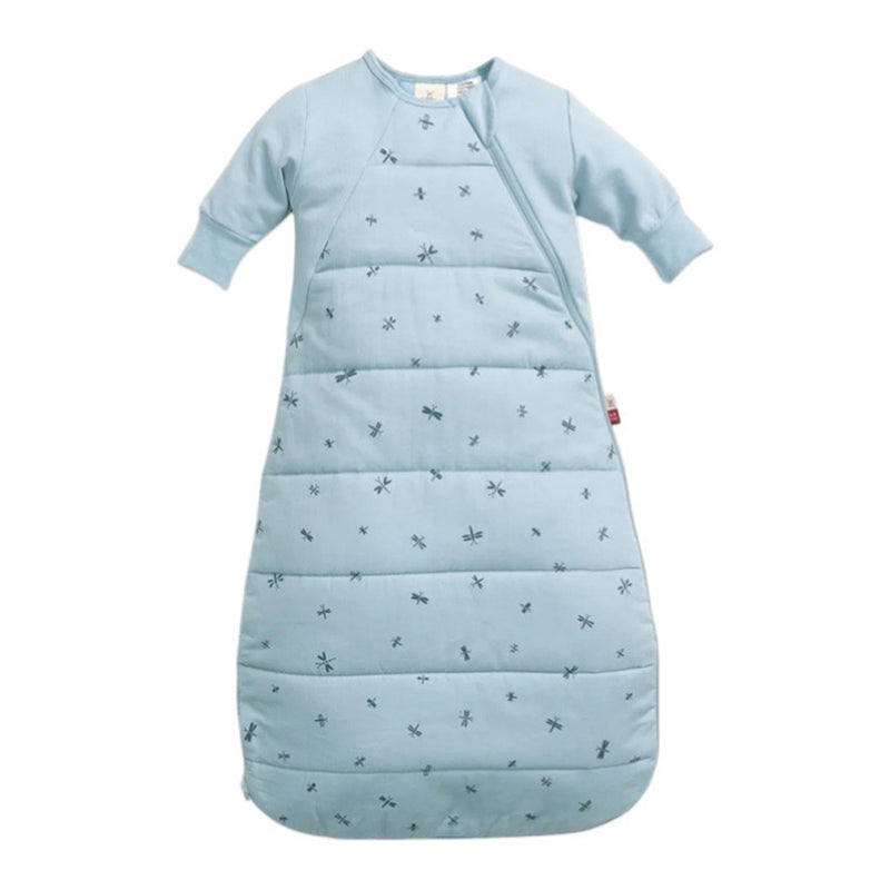 The ErgoPouch 3.5 Tog Side Zip Sheeting Bag Dragonflies by ErgoPouch is a soft, padded light blue baby sleeping bag with long sleeves, side zipper, and dark blue dragonfly prints—designed to support healthy hip development and keep your baby warm.