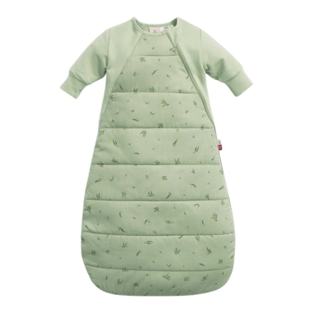 The ErgoPouch 3.5 Tog Side Zip Sheeting Bag Willow by ErgoPouch is a light green, hip-friendly baby sleeping bag with long sleeves, a side zip, and a subtle leaf pattern on the lower section.