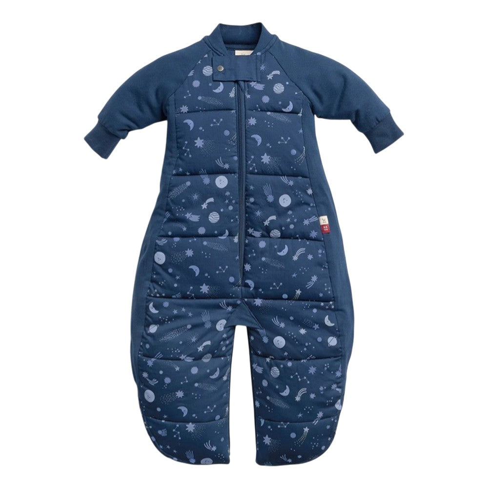 The ErgoPouch 3.5 Tog Sleep Suit Bag by ErgoPouch is a navy blue quilted suit with long sleeves and legs, made from organic cotton, featuring a front zipper and a charming moons, stars, and planets pattern.
