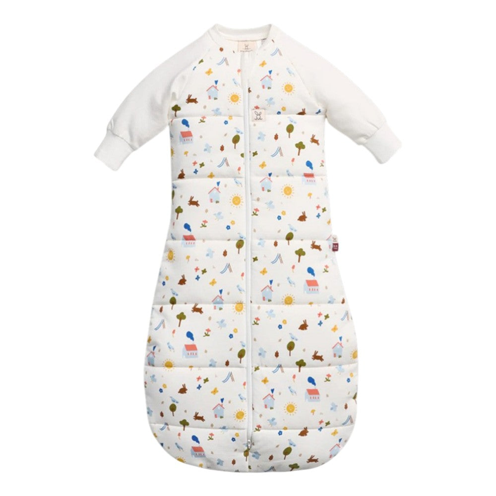 The ErgoPouch 3.5 Tog Sleeping Bag with Sleeves by ErgoPouch is made of puffy white organic cotton with colorful prints, featuring long sleeves and a front vertical zipper for easy dressing.