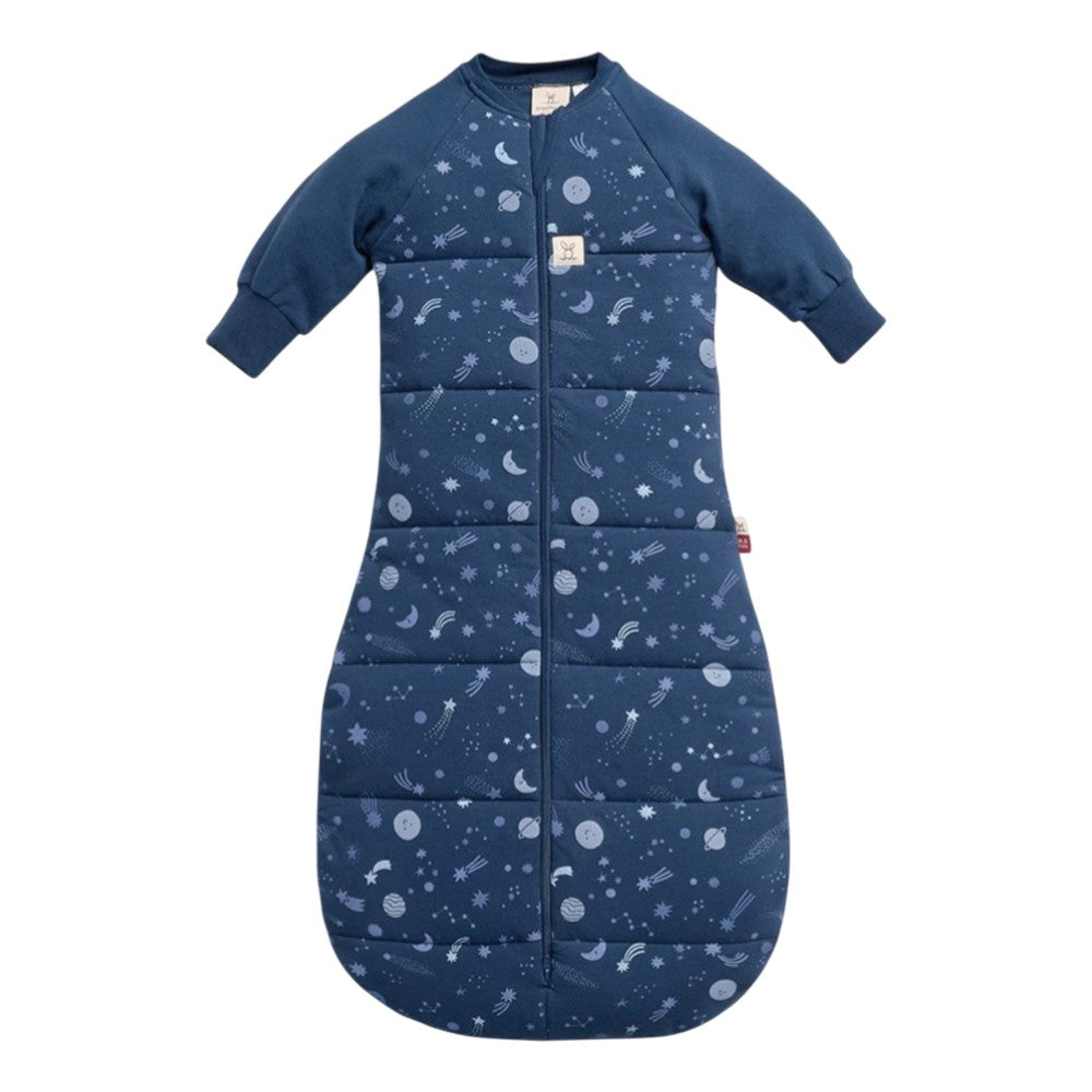 The ErgoPouch 3.5 Tog Sleeping Bag with Sleeves by ErgoPouch is a blue, arms-out sleeper featuring a zip-up front and celestial moons, stars, and planets pattern—perfect for cozy, peaceful nights.