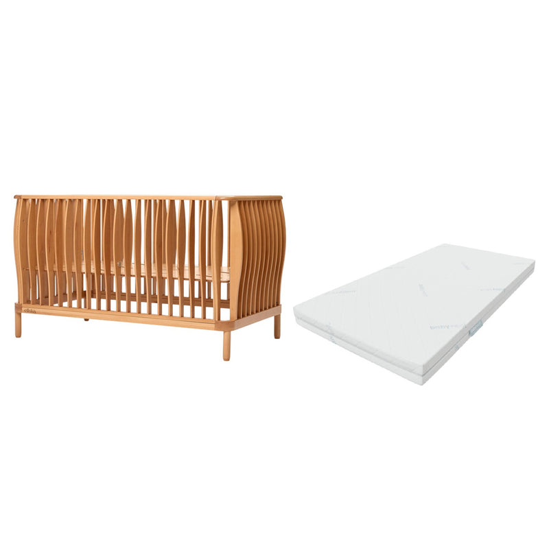 The ErgoPouch Ellska SKYE Cot with curved slats is paired with the BabyRest Comfi Core Mattress, shown against a plain white background—a stylish duo for your nursery.