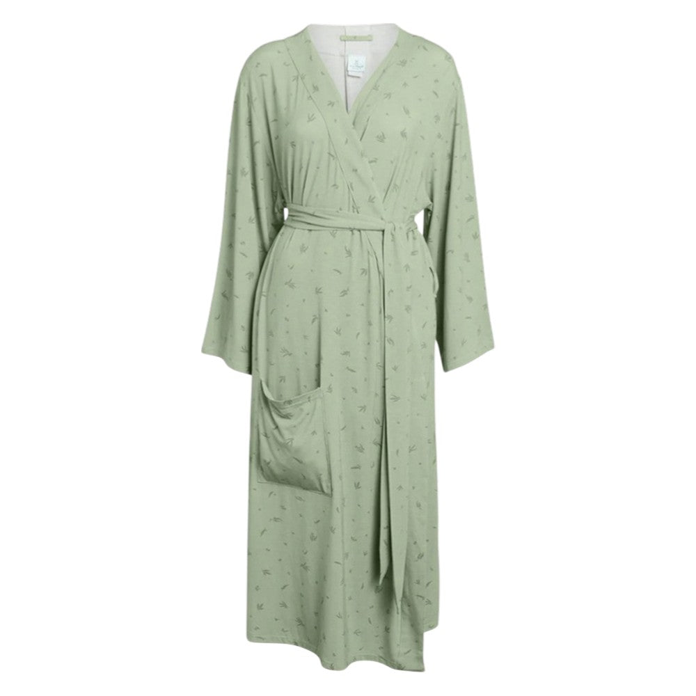The ErgoPouch Matchy Matchy Robe by ErgoPouch is a light green, long-sleeved maternity robe with a leaf pattern, belted waist, and large front pocket—perfect for lounging or your hospital bag. Shown on a plain white background.