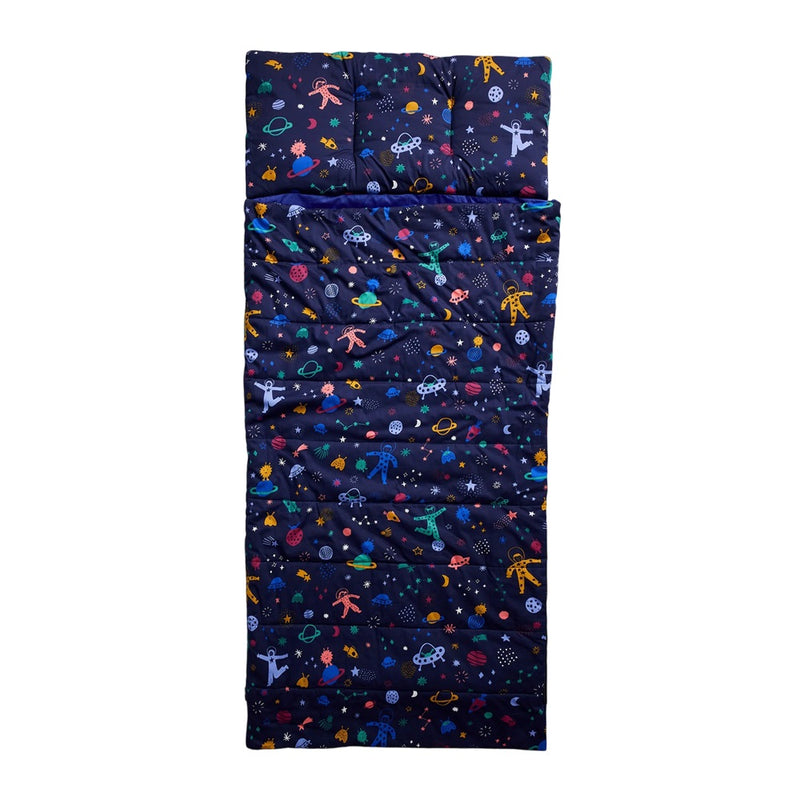 The ErgoPouch Sleep Mat by ErgoPouch is a dark blue children's sleep mat with a matching pillow, decorated with colorful space-themed designs like astronauts, planets, stars, and rockets.