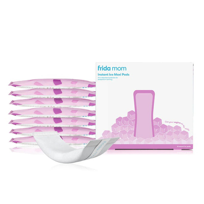 Frida Mom Instant Ice Maxi Pads, from Frida Mom, includes 8 individually wrapped perineal pads in a white and pink box. One unwrapped pad shows instant cold therapy for postpartum comfort.
