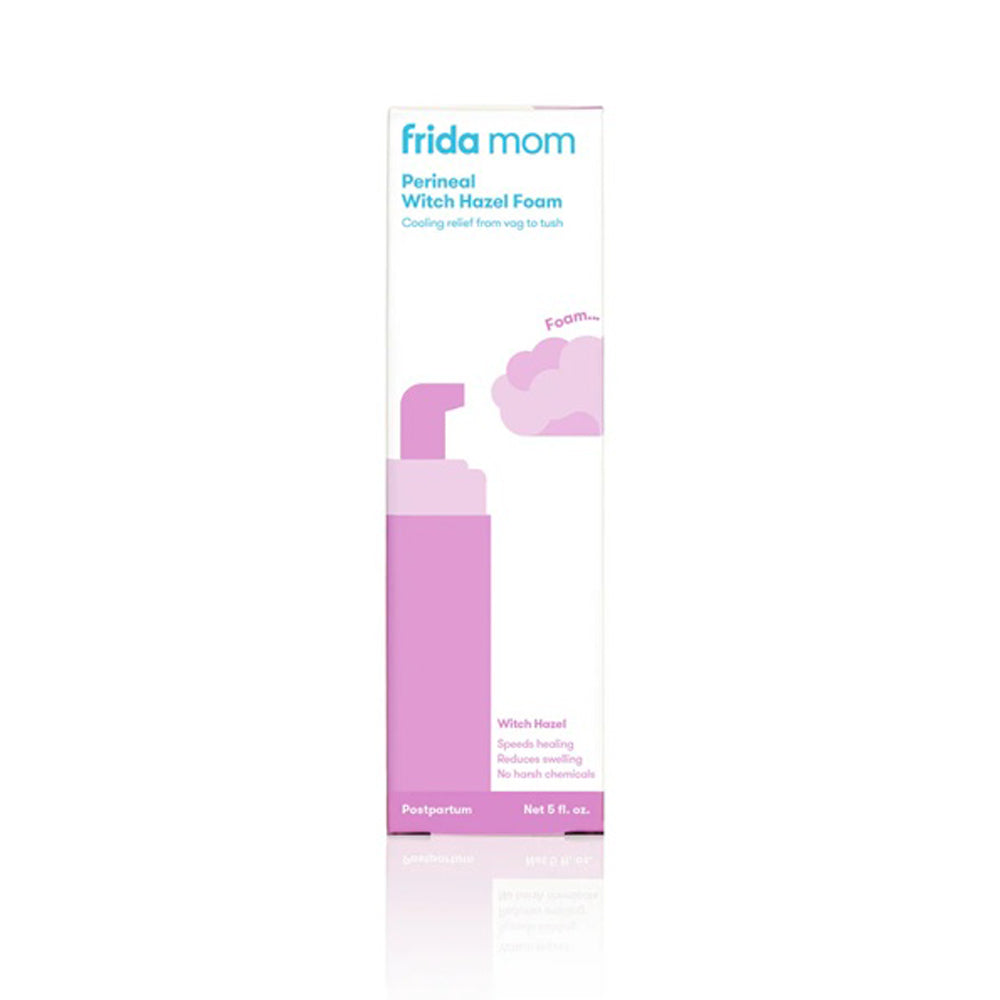 Frida Mom Perineal Healing Foam by Frida Mom comes in a box with a pink dispenser illustration and front product details; formulated with witch hazel to soothe and support postpartum recovery.