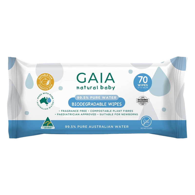 Gaia 99.5% Pure Water Wipes 70pk are biodegradable, fragrance-free baby wipes made with compostable plant fibers and 99.5% pure water—gentle for sensitive skin and newborns.