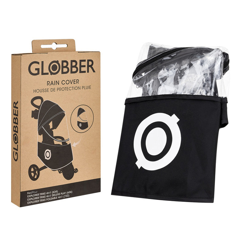 The Globber Explorer Trike 4in1 Raincover by Globber is displayed in its packaging and unfolded, showing a transparent plastic shield and a black pouch with a white circular logo.
